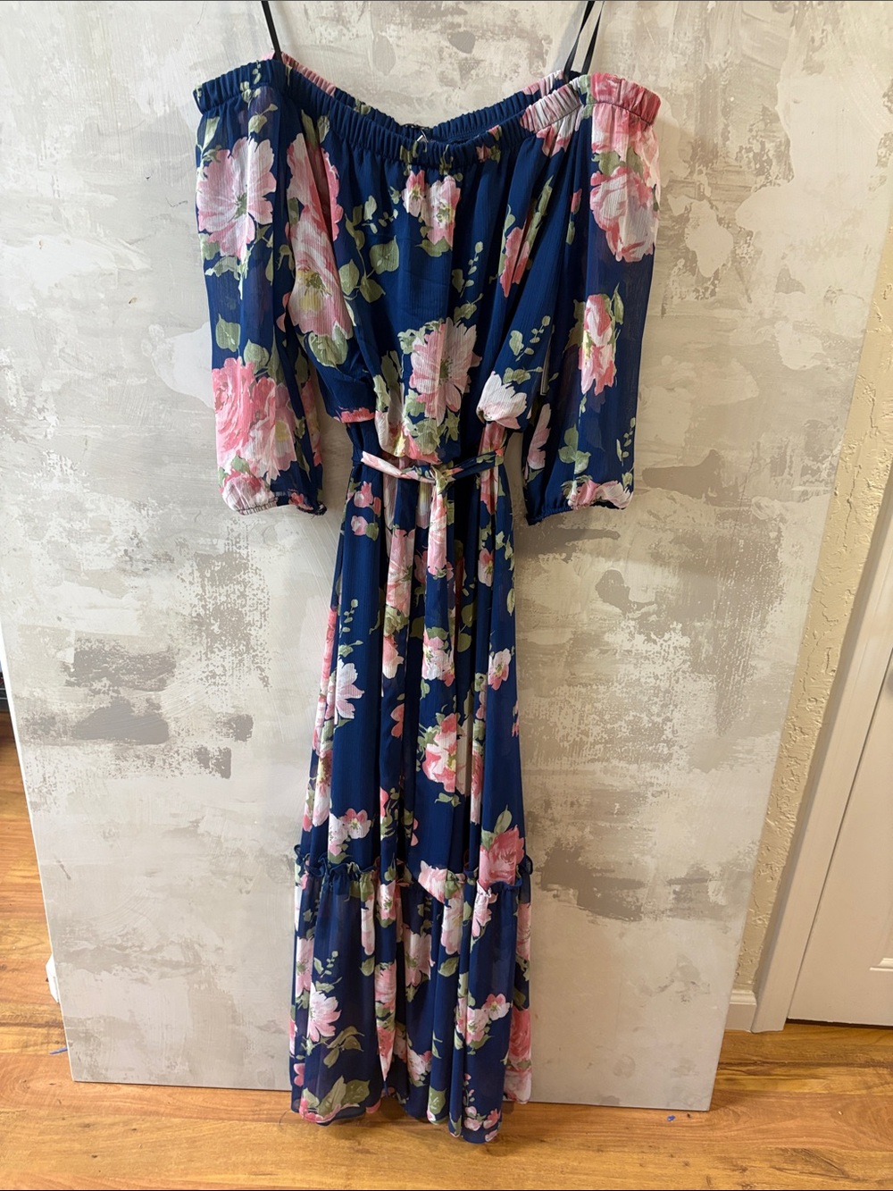 Navy Floral Off-Shoulder Maxi Dress with Self Tie